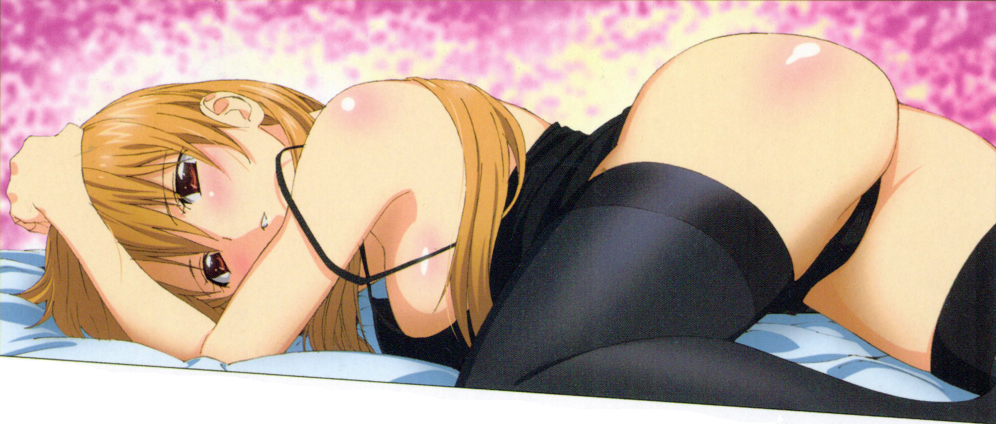 1girl ass blonde_hair blush breasts hand_on_own_head highres kiryuu_yuuzuki kissxsis large_breasts legs long_hair official_art panties parted_lips red_eyes sideboob sleeveless solo teacher thighs underwear