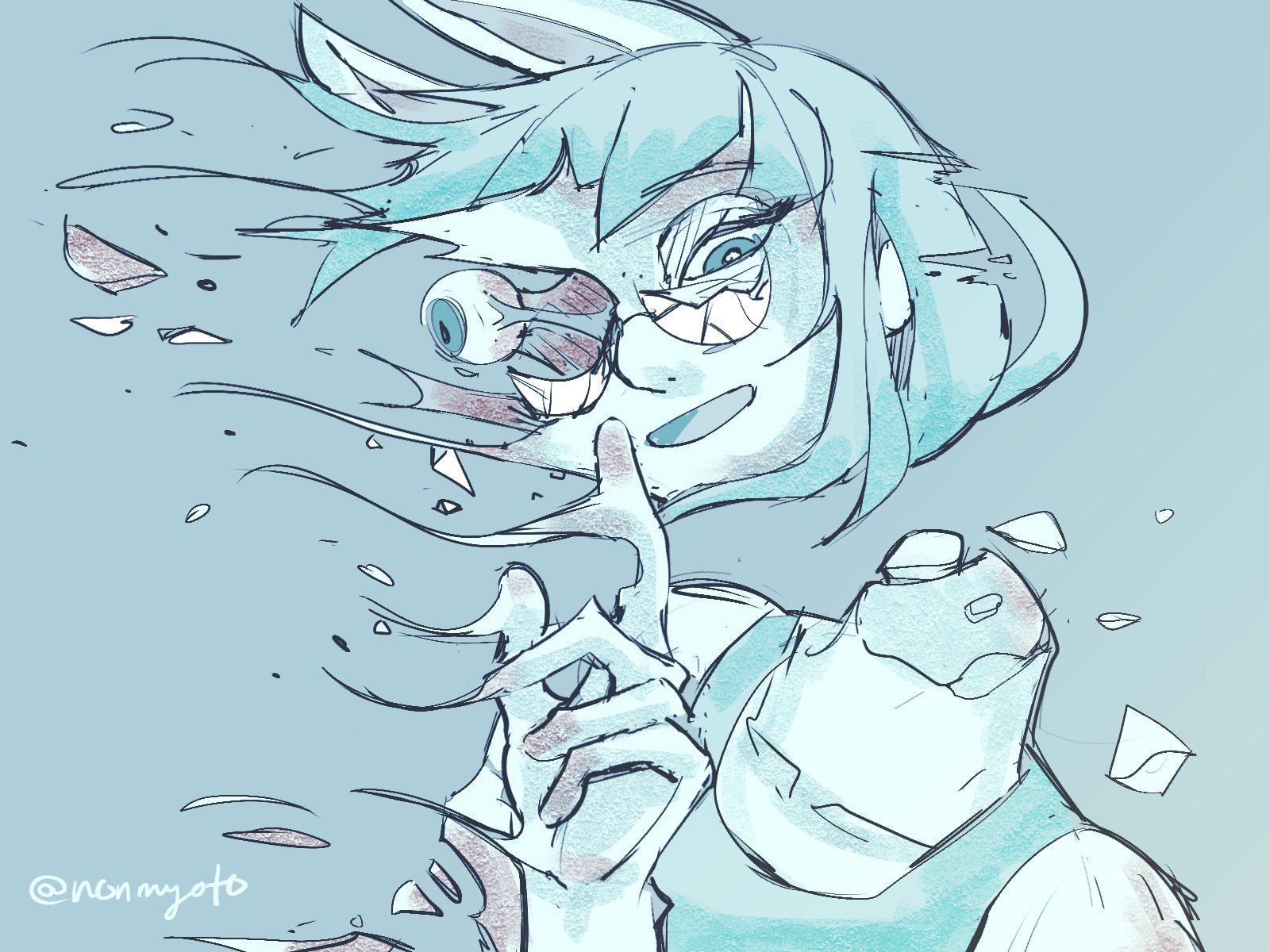 1girl animal_ears blue_background blue_eyes blue_hair blue_shirt breaking broken_glass disintegration eyeball glass headless highres horse_ears horse_race_tests houseki_no_kuni index_finger_raised long_hair looking_at_viewer melting monochrome nonmyoto parody shattered shirt signature simple_background smile superstitional_realism twitter_username