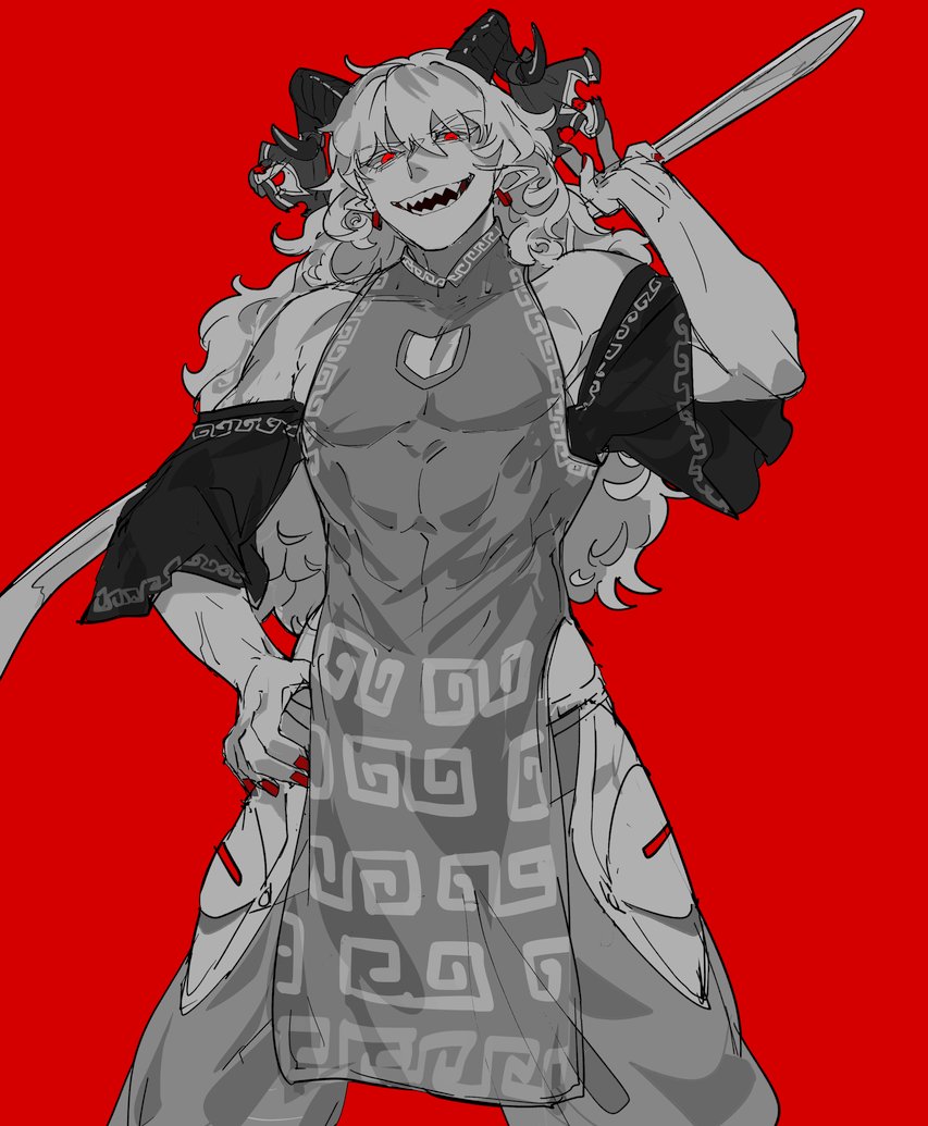 1boy carrying_over_shoulder chamaruk chinese_clothes clothing_cutout curly_hair detached_sleeves evil_smile genderswap genderswap_(ftm) hand_on_own_hip holding holding_spork horn_ornament horn_ribbon horns long_hair looking_at_viewer male_focus meandros muscular muscular_male open_mouth oversized_object patterned_clothing pectoral_cleavage pectorals pelvic_curtain pointy_ears red_background red_nails ribbon sharp_teeth sheep_horns side_slit smile solo spork teeth touhou toutetsu_yuuma very_long_hair