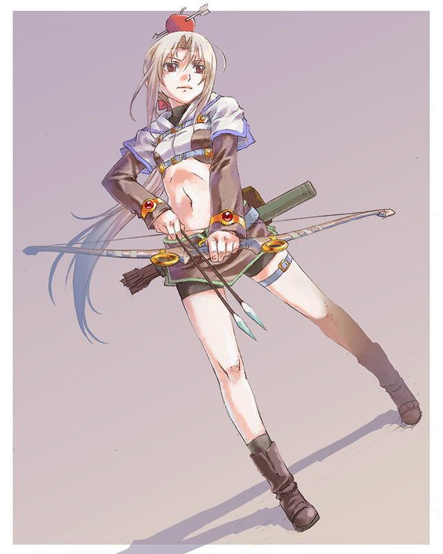 1girl apple arrow_(projectile) belt bike_shorts blonde_hair boots bow_(weapon) female_focus food food_as_clothes fruit full_body hunter hunter_(ragnarok_online) long_hair looking_away midriff navel nyaou ponytail ragnarok_online red_eyes serious solo standing thigh_strap weapon white_hair