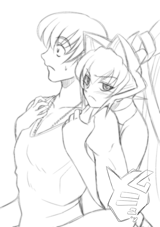 1boy 1girl bead_necklace beads blush frown greyscale hair_intakes hands_on_another&#039;s_chest hetero jewelry looking_ahead looking_at_viewer mitsurugi_meiya monochrome muv-luv necklace pectoral_cleavage pectorals ponytail sakura_ryuuken shirogane_takeru shirt sleeveless sleeveless_shirt surprised tank_top v-shaped_eyebrows white_background
