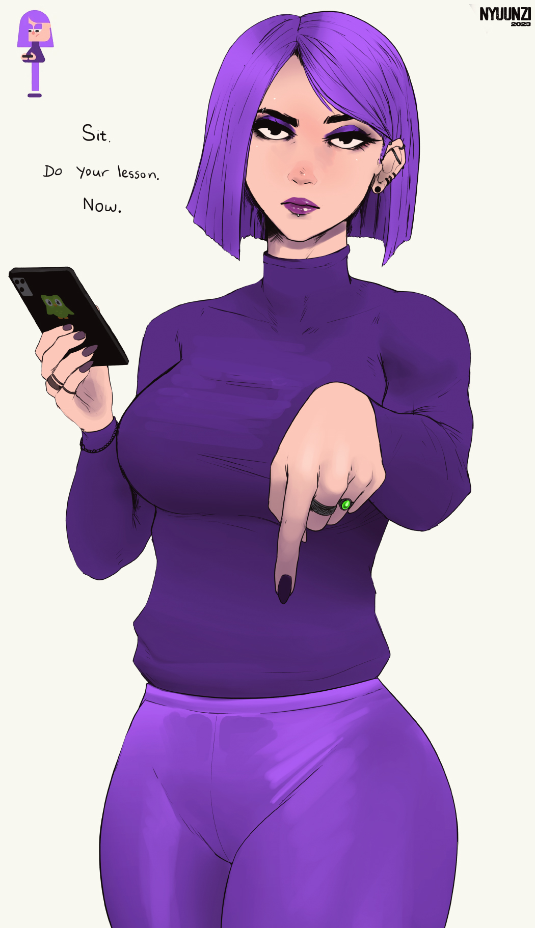 1girl artist_name black_nails breasts cellphone duolingo earrings english_text eyeshadow highres holding holding_phone jewelry large_breasts lily_(duolingo) looking_at_viewer makeup nyuunzi pants phone pointing pointing_down purple_eyeshadow purple_hair purple_lips purple_pants purple_shirt reference_inset ring shirt short_hair simple_background smartphone solo white_background