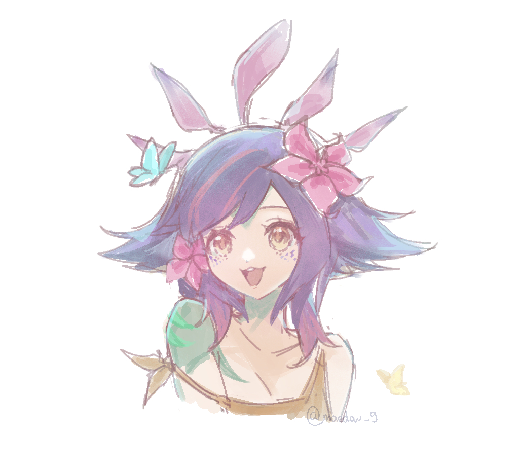 1girl :d bare_shoulders breasts brown_eyes collarbone colored_skin cropped_torso flipped_hair flower green_skin hair_flower hair_ornament large_breasts lazy_(maedow_9) league_of_legends long_hair multicolored_hair neeko_(league_of_legends) open_mouth pink_flower simple_background smile solo teeth upper_teeth_only white_background
