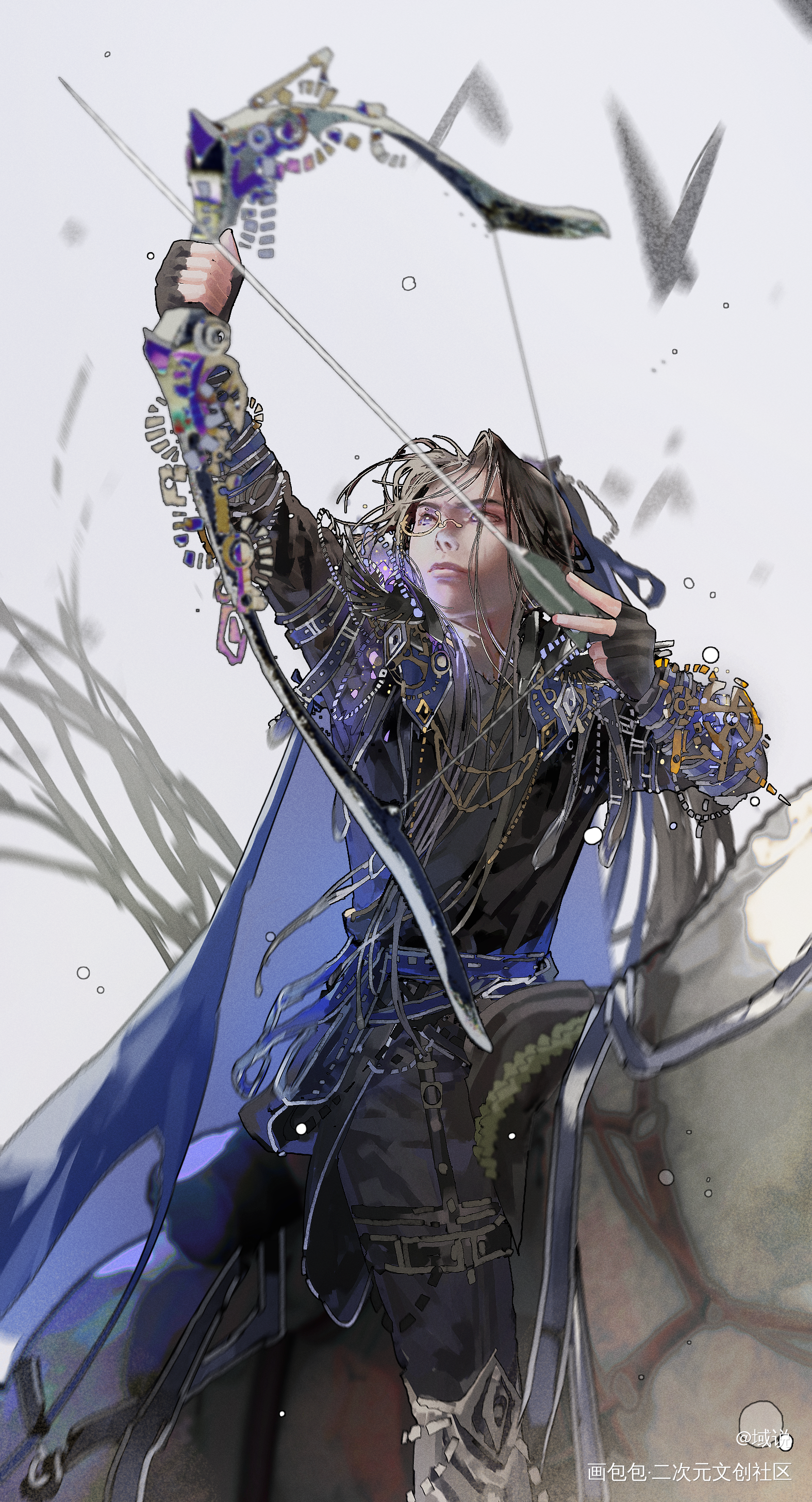 1boy absurdres archery armor arrow_(projectile) black_gloves black_hair black_hanfu blue_cape blue_sash bow_(weapon) bridle cape chinese_clothes chinese_commentary closed_mouth drawing_bow fingerless_gloves gloves gu_yun hanfu highres holding holding_bow_(weapon) holding_weapon horseback_archery horseback_riding long_hair long_sleeves looking_up male_focus monocle purple_eyes riding round_eyewear saddle sash sha_po_lang solo weapon white_background yu_shuo_de_nian_ji_zhu