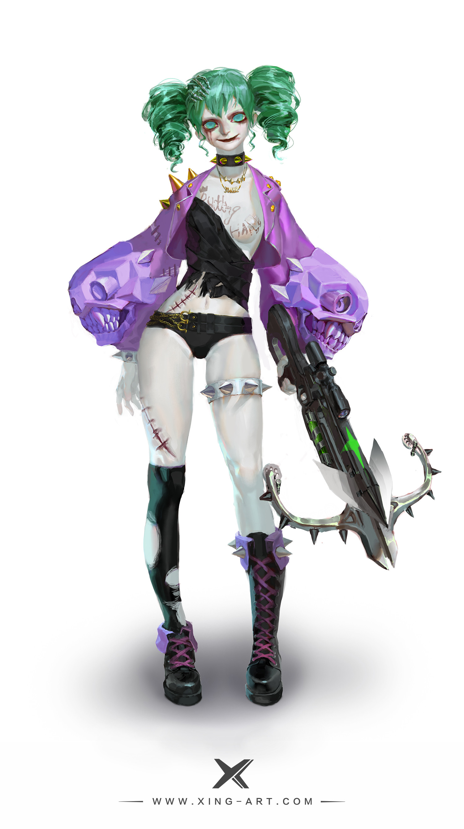 1girl absurdres asymmetrical_footwear bandaid bandaid_on_breast batman_(series) belt black_belt black_boots black_choker black_panties black_socks blood blood_from_mouth blood_on_face blue_eyes body_writing boots bow_(weapon) breasts buttons chain character_request chinese_commentary choker closed_mouth collared_jacket commentary_request copyright_request crop_top cropped_jacket crossbow crossed_bandaids dc_comics drill_hair evil_smile full_body gold_buckle gold_chain green_hair gun hand_hair_ornament highres holding holding_crossbow holding_weapon jacket knees lace-up_boots lapels lipstick long_sleeves looking_at_viewer makeup midriff navel necktie notched_lapels o-ring o-ring_belt one_breast_out open_clothes open_jacket over-kneehighs pale_skin panties puffy_long_sleeves puffy_sleeves purple_jacket red_lips rifle shirt short_hair short_twintails shoulder_spikes simple_background single_over-kneehigh single_thighhigh skeletal_hand skull_print small_breasts smile socks solo spiked_boots spiked_choker spiked_thighlet spikes standing starlab stitched_leg stitches thighhighs tight_clothes torn_clothes torn_socks twin_drills twintails underwear weapon white_background yellow_necktie