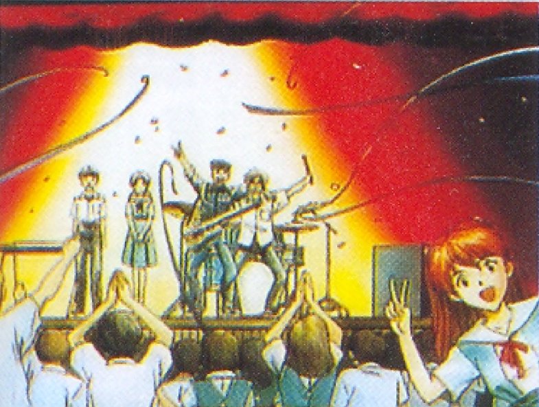 2girls 3boys 6+boys 6+girls aida_kensuke arms_up black_hair blue_eyes brown_hair game_cg glasses grin horaki_hikari ikari_shinji looking_at_another looking_at_viewer multiple_boys multiple_girls multiple_others neon_genesis_evangelion neon_genesis_evangelion_2nd_impression official_art scan school_uniform skirt smile souryuu_asuka_langley suzuhara_touji track_suit v