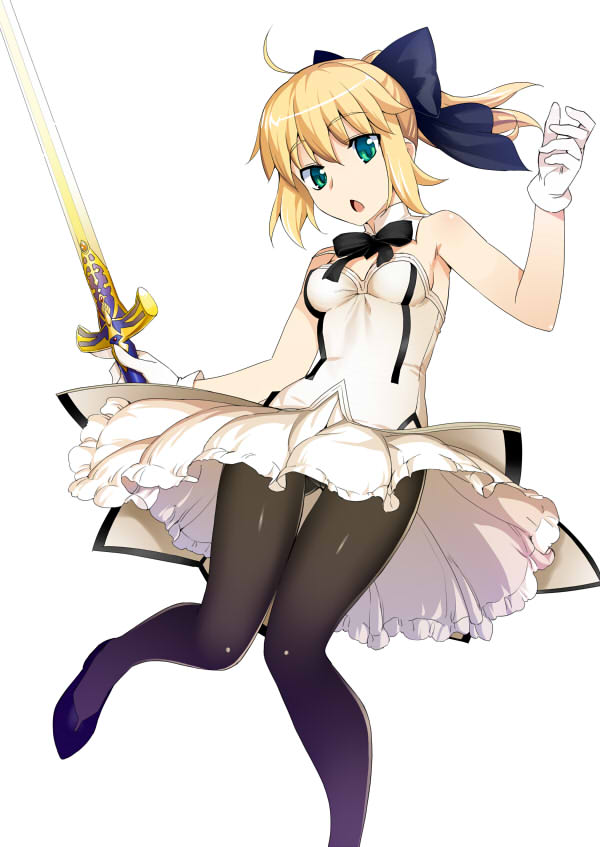 1girl ahoge artoria_pendragon_(fate) bare_shoulders black_pantyhose blonde_hair bow caliburn_(fate) chestnut_mouth crotch_seam detached_collar fate/grand_order fate/stay_night fate/unlimited_codes fate_(series) female_focus gloves green_eyes hair_bow namonashi open_mouth panties panties_under_pantyhose pantyhose ponytail saber_(fate) saber_lily shiny_clothes short_hair skirt solo strapless sword underwear weapon