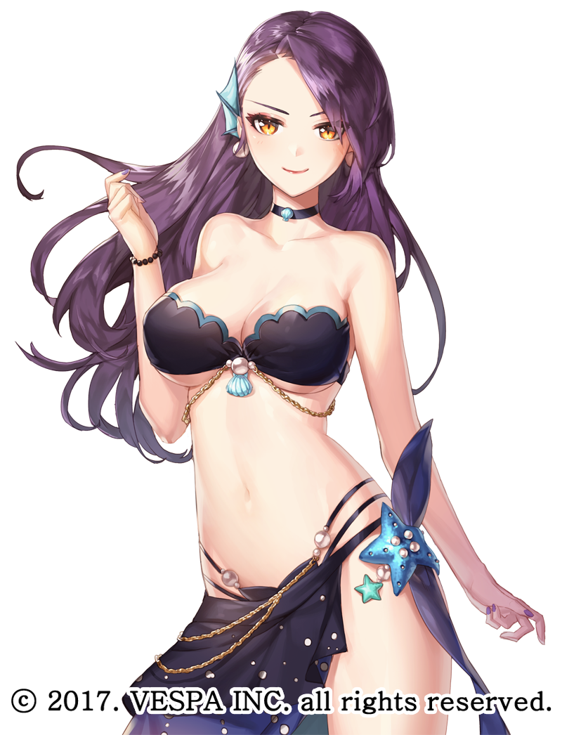 1girl bare_shoulders bead_bracelet beads bikini black_bikini black_choker black_sarong bracelet breasts brown_eyes chain choker commentary_request cowboy_shot earrings fins gem gold_chain hand_up head_fins hwansang_jungdog jewelry king&#039;s_raid korean_commentary long_hair looking_at_viewer maria_(king&#039;s_raid) medium_breasts mixed-language_commentary navel official_alternate_costume official_art partial_commentary pearl_(gemstone) pearl_earrings purple_hair purple_nails sarong seashell shell simple_background smile solo starfish swimsuit
