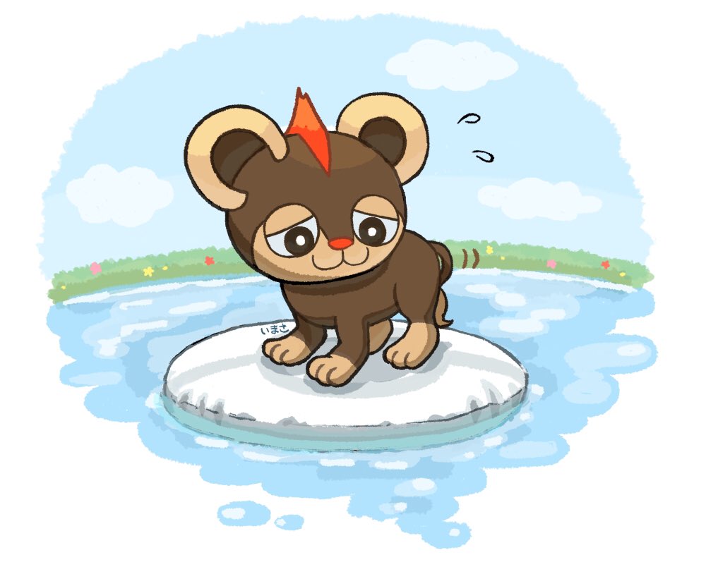 :3 afloat border bright_pupils brown_eyes closed_mouth commentary_request flying_sweatdrops full_body gen_6_pokemon im_i_masa litleo looking_down nintendo no_humans pokemon pokemon_(creature) pokemon_focus solo standing water white_border white_pupils