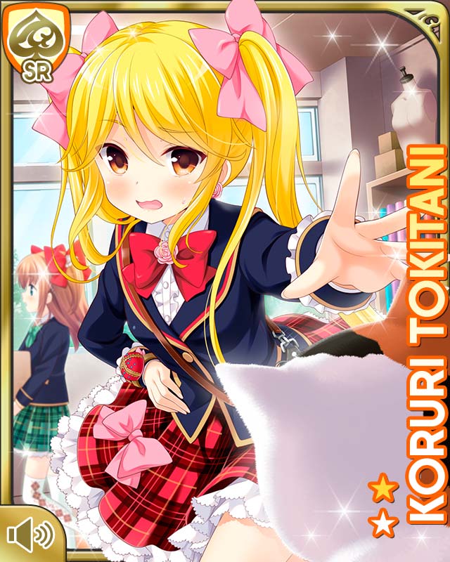 2girls argyle_clothes argyle_legwear blazer blonde_hair blue_eyes blue_jacket blush bow bowtie brown_hair card_(medium) day earrings flower frilled_thigh_strap girlfriend_(kari) hair_bow indoors jacket jewelry long_hair looking_at_viewer mary_janes multiple_girls official_art open_mouth panic pink_flower pink_rose plaid_clothes plaid_skirt platform_footwear qp:flapper red_bow red_skirt ribbon rose school school_uniform shirt shoes skirt smile standing thigh_strap thighhighs tokitani_koruri twintails two_side_up white_legwear white_shirt yuuki_nae