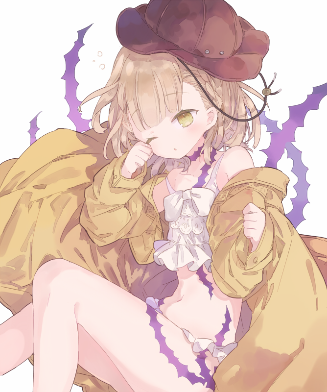 1girl bikini blonde_hair blunt_bangs blush braid briar_rose_(sinoalice) hat jacket looking_at_viewer mizumizu_(phoenix) one_eye_closed open_mouth parted_lips plant ribbon short_hair sinoalice solo swimsuit thorns tired vines white_background white_bikini yellow_eyes