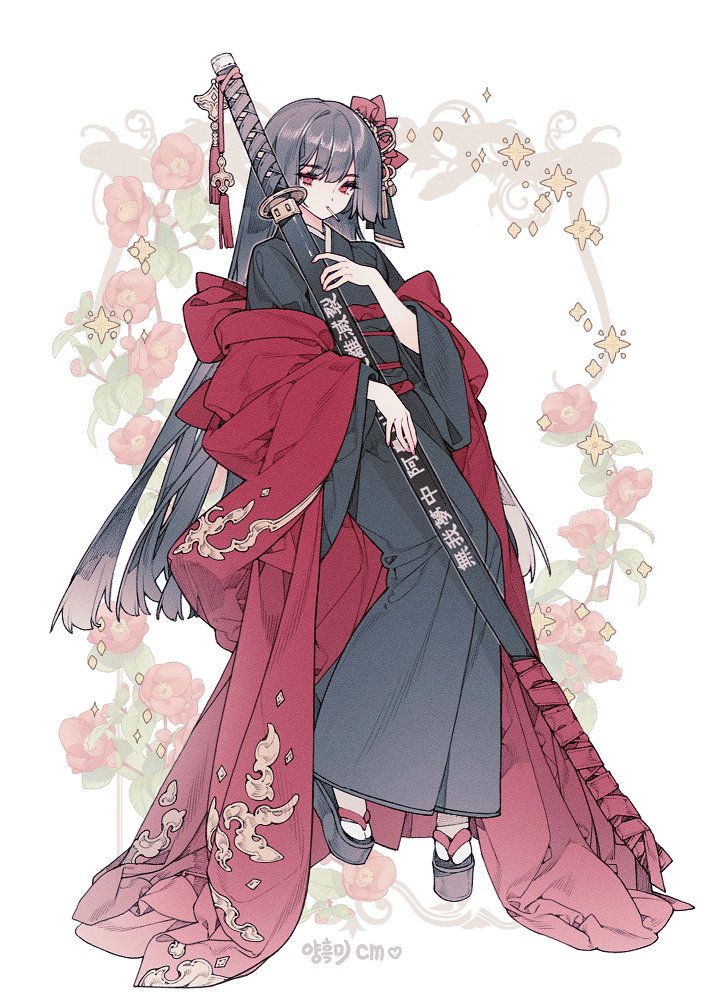 1girl artist_request black_hair black_kimono commission floral_background full_body hime_cut holding holding_sword holding_weapon japanese_clothes kimono limbus_company long_hair looking_at_viewer okobo ootachi platform_sandals project_moon ryoshu_(project_moon) sandals sidelocks socks solo sword tabi very_long_hair weapon white_background white_socks