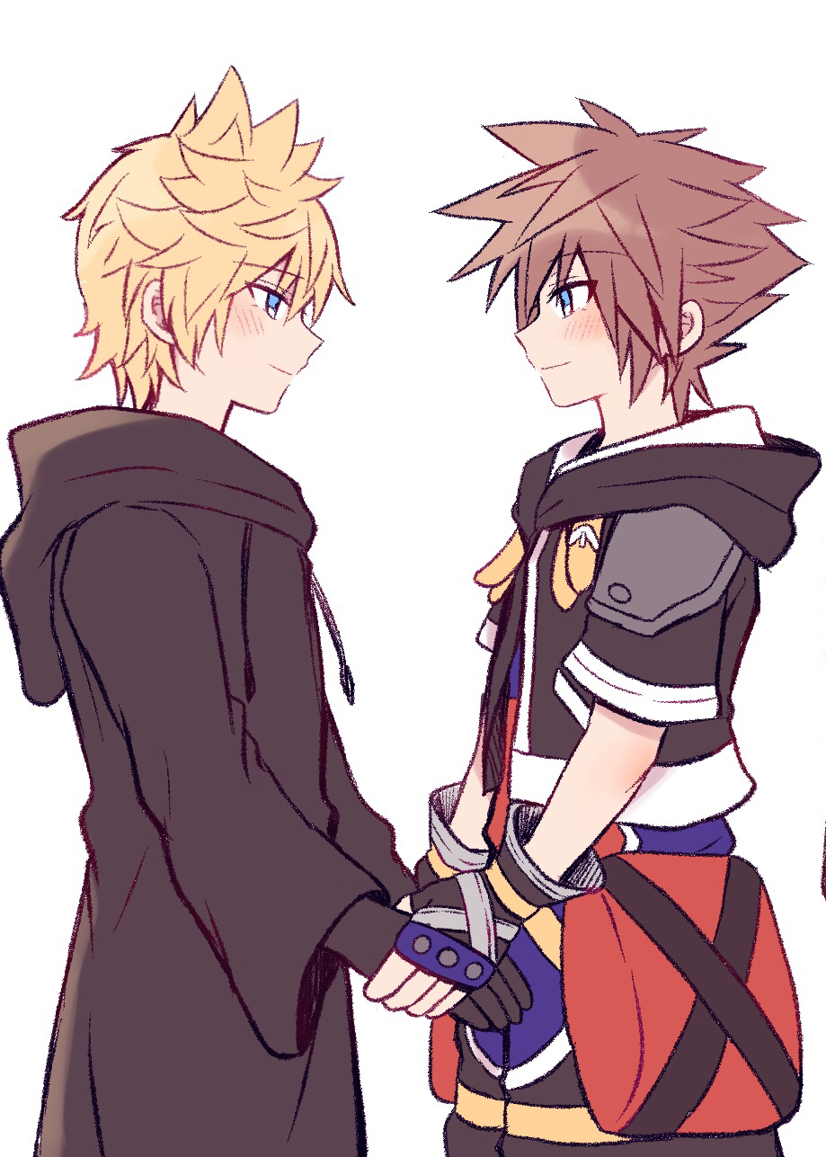 2boys black_coat black_coat_(kingdom_hearts) black_gloves black_jacket blonde_hair blue_eyes brown_hair coat facing_to_the_side fingerless_gloves gloves highres hood hooded_jacket jacket kingdom_hearts kingdom_hearts_ii light_blush light_smile long_sleeves looking_at_another male_focus multiple_boys pouch roxas short_hair short_sleeves sora_(kingdom_hearts) spiked_hair thigh_pouch upper_body white_background yataba
