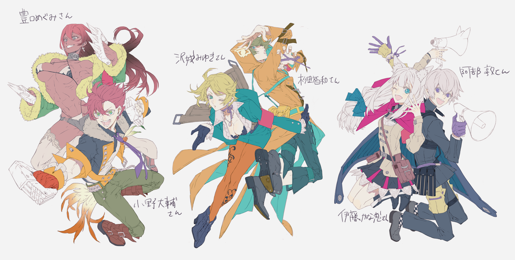 3boys 3girls 7th_dragon_(series) 7th_dragon_2020 7th_dragon_2020-ii :d ;d animal_ear_fluff animal_ears aqua_eyes armpits bare_shoulders bikini blue_eyes boots bow breasts breasts_apart bursting_breasts choker cleavage coat dark_skin earrings flat_color full_body fur_trim gloves green_eyes green_hair grey_eyes grey_hair grin hair_bow highres holding hood hooded_jacket idol_(7th_dragon) jacket jewelry jumping large_breasts long_hair looking_at_viewer looking_back lucier_(7th_dragon) medium_breasts megaphone micro_shorts microphone midriff multiple_boys multiple_girls muscular muscular_female navel necklace necktie nishihara_isao one_eye_closed open_mouth pantyhose psychic_(7th_dragon) purple_eyes purple_hair red_hair revealing_clothes ribbon_choker ribs samurai_(7th_dragon) samurai_(7th_dragon) short_hair shorts skirt small_breasts smile strap_gap swimsuit tan thighhighs trickster_(7th_dragon) very_long_hair weapon white_hair yellow_legwear