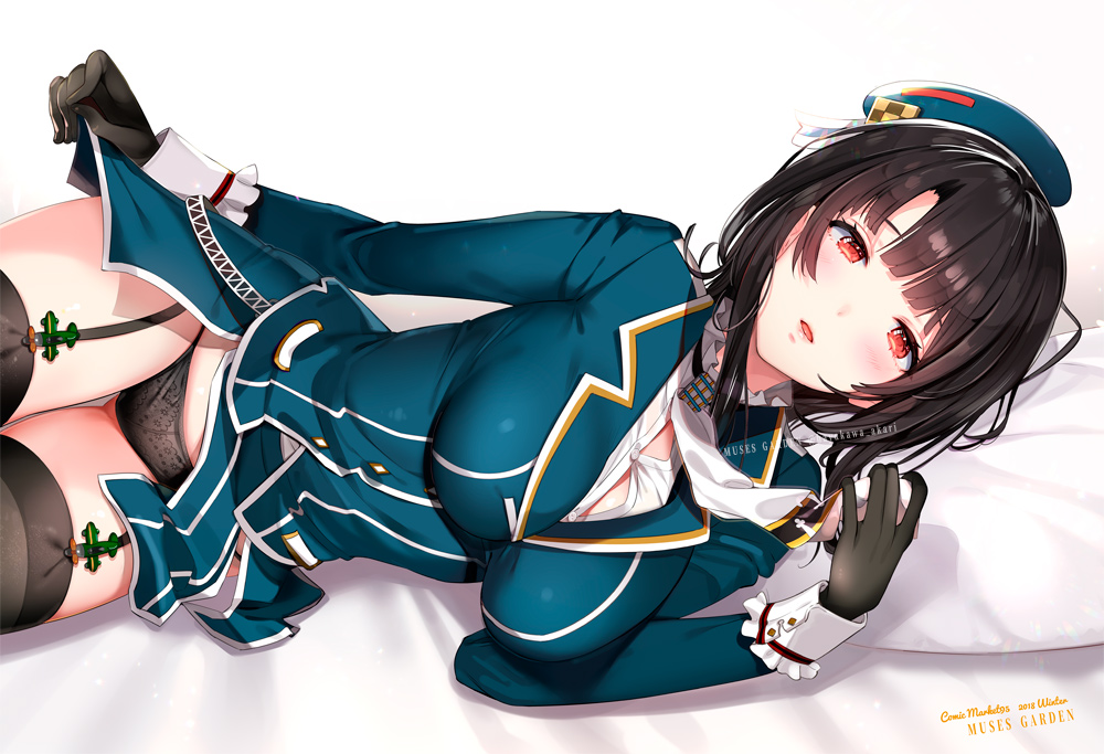 1girl ascot beret black_gloves black_hair black_panties black_thighhighs blue_jacket blue_skirt blush breasts clothes_lift commentary_request garter_straps gloves hat hayakawa_akari jacket kantai_collection large_breasts lifting_own_clothes looking_at_viewer lying military military_uniform miniskirt on_side open_mouth panties pelvic_curtain pillow red_eyes short_hair sidelocks signature skirt skirt_lift smile solo takao_(kancolle) thighhighs underwear