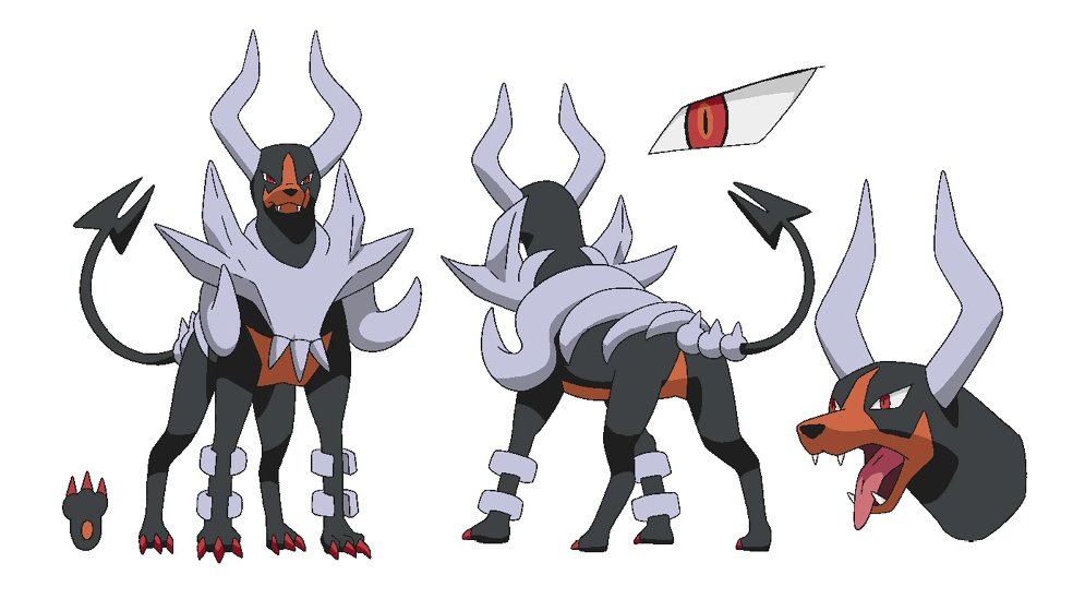 animal_focus claws dog full_body gen_2_pokemon horns houndoom looking_at_viewer mega_houndoom mega_pokemon multiple_views nintendo no_humans official_art open_mouth pokemon pokemon_(creature) red_eyes reference_sheet sharp_teeth spikes standing teeth