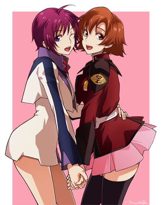 2girls :d ;d ahoge belt black_legwear brown_eyes cosplay costume_switch cropped_jacket crossover gundam gundam_seed gundam_seed_destiny hand_on_another&#039;s_hip holding_hands jacket lunamaria_hawke machi_fuka military military_uniform multiple_girls one_eye_closed open_mouth orange_hair pink_background purple_eyes purple_hair short_hair signature skirt smile soukyuu_no_fafner thighhighs toomi_maya