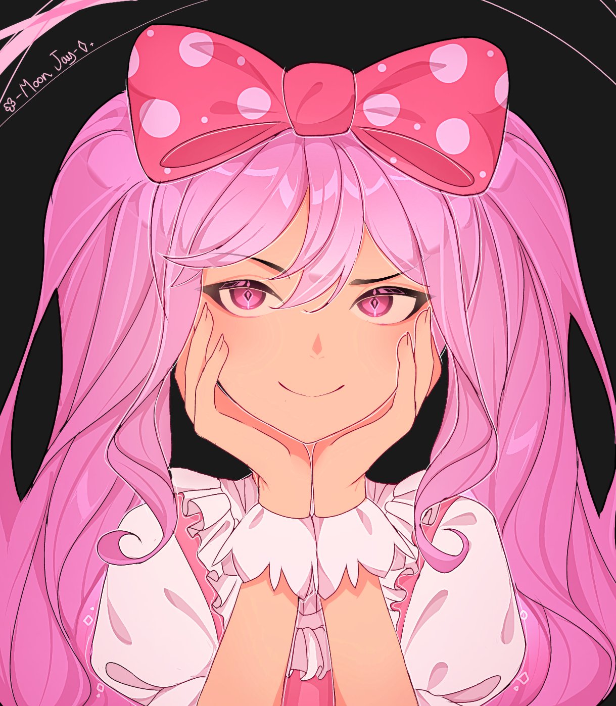 1girl black_background bow closed_mouth commentary dark-skinned_female dark_skin double-parted_bangs english_commentary fingernails frills hair_between_eyes hair_bow hands_on_own_cheeks hands_on_own_face highres long_hair looking_at_viewer moon_jay omori pink_bow pink_eyes pink_hair polka_dot polka_dot_bow puffy_short_sleeves puffy_sleeves raised_eyebrow shirt short_sleeves simple_background smile solo straight-on sweetheart_(omori) twintails upper_body white_shirt white_wrist_cuffs wrist_cuffs