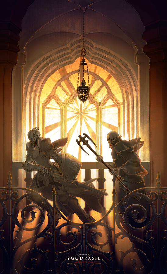 2boys ainz_ooal_gown cloak full_body helm helmet holding holding_sword holding_weapon horocca indoors long_sleeves male_focus multiple_boys no_humans overlord_(maruyama) sheath shield skeleton staff standing sword touch_me unsheathing weapon wide_sleeves
