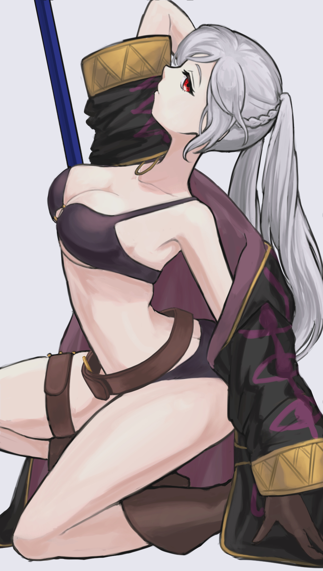 1girl bare_shoulders bikini black_bikini black_coat boots breasts cleavage coat female_robin_(fire_emblem) female_robin_(grima)_(fire_emblem) female_robin_(seaside_tactician)_(fire_emblem) fire_emblem fire_emblem_awakening fire_emblem_heroes grey_background grima_(fire_emblem) highres long_hair long_sleeves medium_breasts nintendo off_shoulder official_alternate_costume red_eyes simple_background solo swimsuit thigh_strap thighs twintails white_hair zuzu_(ywpd8853)