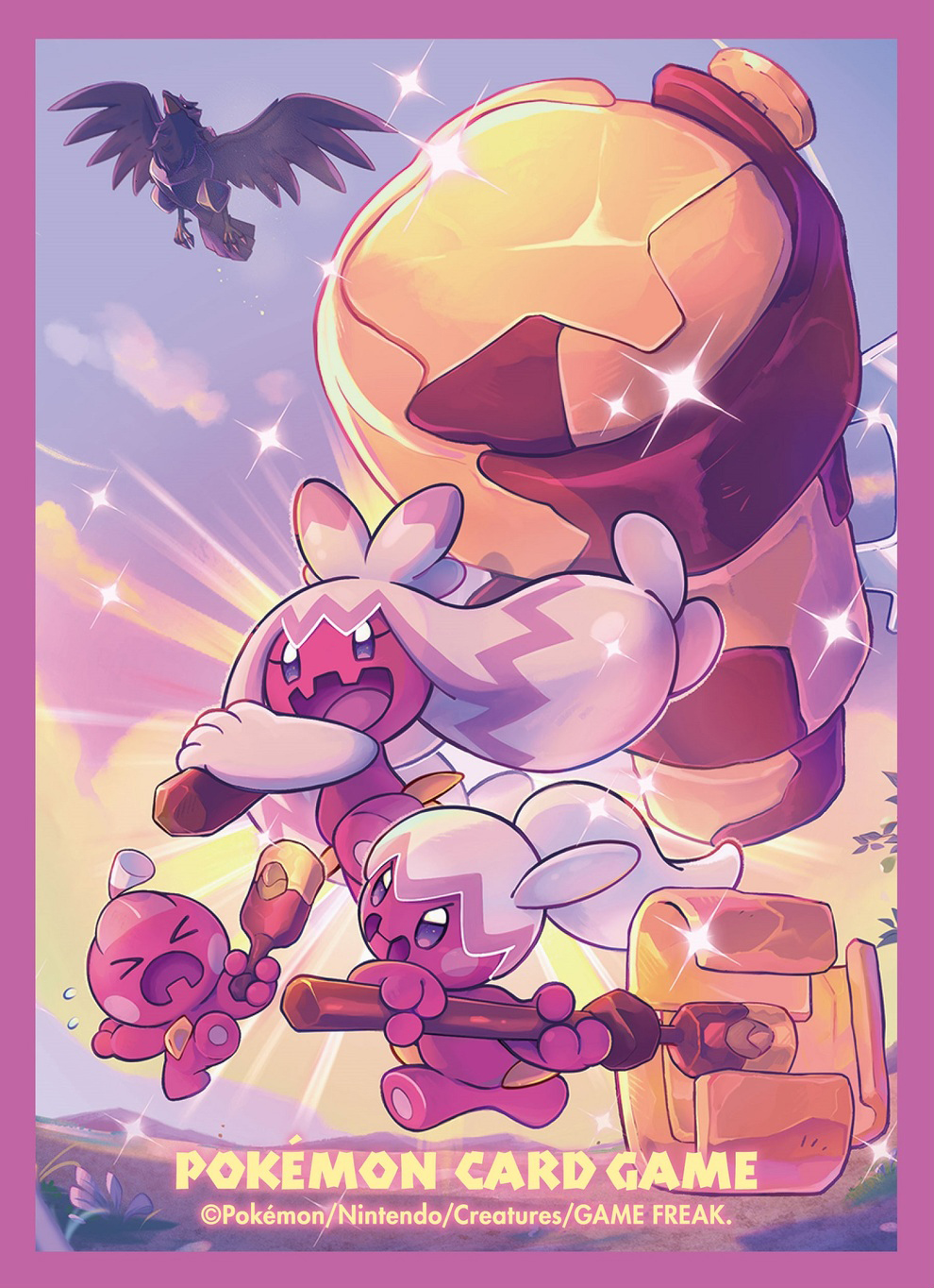 &gt;_&lt; :d alternate_color border closed_eyes cloud copyright_name copyright_notice corviknight evolutionary_line eyelashes flying flying_sweatdrops gen_8_pokemon hammer highres holding holding_hammer long_hair matsuno_tika medium_hair nintendo no_humans official_art open_mouth pink_border pink_hair pokemon pokemon_(creature) pokemon_focus pokemon_tcg purple_eyes shiny_pokemon short_hair sky smile sparkle third-party_source tinkatink tinkaton tinkatuff very_short_hair