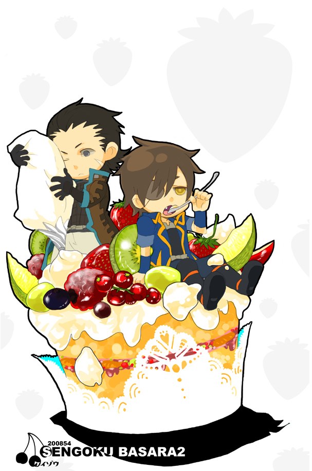 2boys :&lt; black_gloves blue_jacket brown_coat brown_hair cake chibi chibi_only coat copyright_name date_masamune_(sengoku_basara) eating eyepatch facial_scar food gloves grey_eyes holding holding_spoon jacket katakura_kojuurou_(sengoku_basara) kzouzou male_focus multiple_boys official_alternate_costume one_eye_closed pastry_bag scar scar_on_cheek scar_on_face sengoku_basara simple_background sitting sitting_on_food spoon white_background yellow_eyes