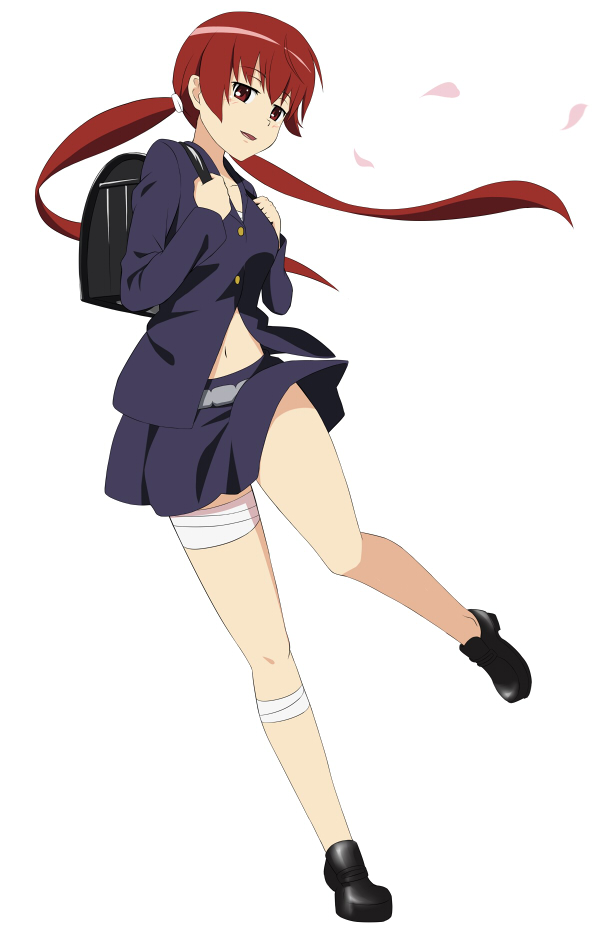 1girl backpack bag bandaged_leg bandages black_bag black_shoes blazer breasts buttons cherry_blossoms commentary_request full_body grey_jacket grey_shirt hair_between_eyes hands_up jack-barro jacket kirigaoka_girls&#039;_academy_school_uniform light_blush light_smile loafers long_hair long_sleeves looking_at_viewer low_twintails medium_breasts miniskirt musujime_awaki navel open_mouth partial_commentary partially_unbuttoned pleated_skirt randoseru red_eyes red_hair school_uniform shirt shoes sidelocks simple_background skirt solo standing standing_on_one_leg stomach thighs toaru_majutsu_no_index twintails white_background winter_uniform