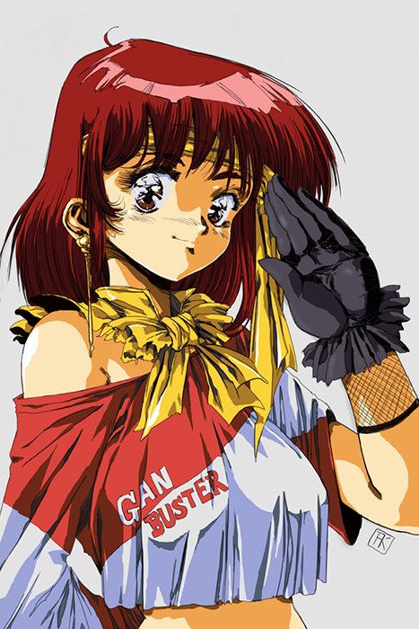 1980s_(style) black_gloves breasts brown_eyes clothes_writing commentary copyright_name crop_top detached_collar earrings english_commentary english_text engrish_text gloves grey_background headband hinomars19 jewelry looking_at_viewer medium_breasts off-shoulder_shirt off_shoulder oldschool paid_reward_available ranguage red_hair retro_artstyle salute shirt simple_background single_earring smile solo takaya_noriko top_wo_nerae! top_wo_nerae!_(series) yellow_headband