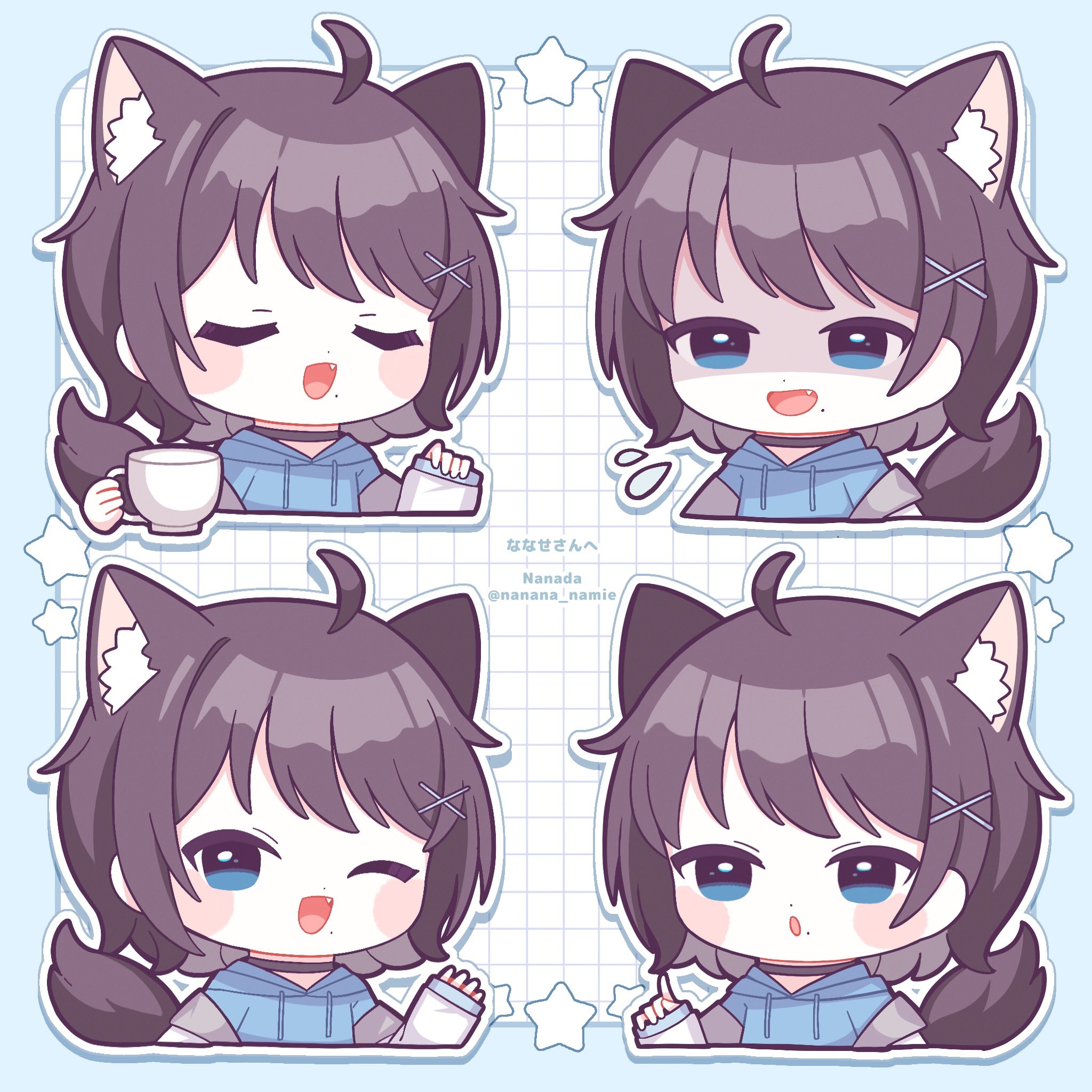 1girl :d :o ;d ahoge animal_ear_fluff animal_ears artist_name blue_border blue_eyes blue_hoodie blush_stickers border brown_hair chibi chibi_only commentary_request cropped_torso cup dot_nose drawstring facing_viewer fang flying_sweatdrops grid_background hair_ornament highres holding holding_cup hood hood_down hoodie hoshikage_nanase iriam jacket long_sleeves looking_at_viewer nada_namie one_eye_closed open_clothes open_jacket open_mouth outline outside_border shaded_face short_hair smile star_(symbol) tail twitter_username virtual_youtuber white_background white_jacket white_outline wolf_ears wolf_girl wolf_tail x_hair_ornament