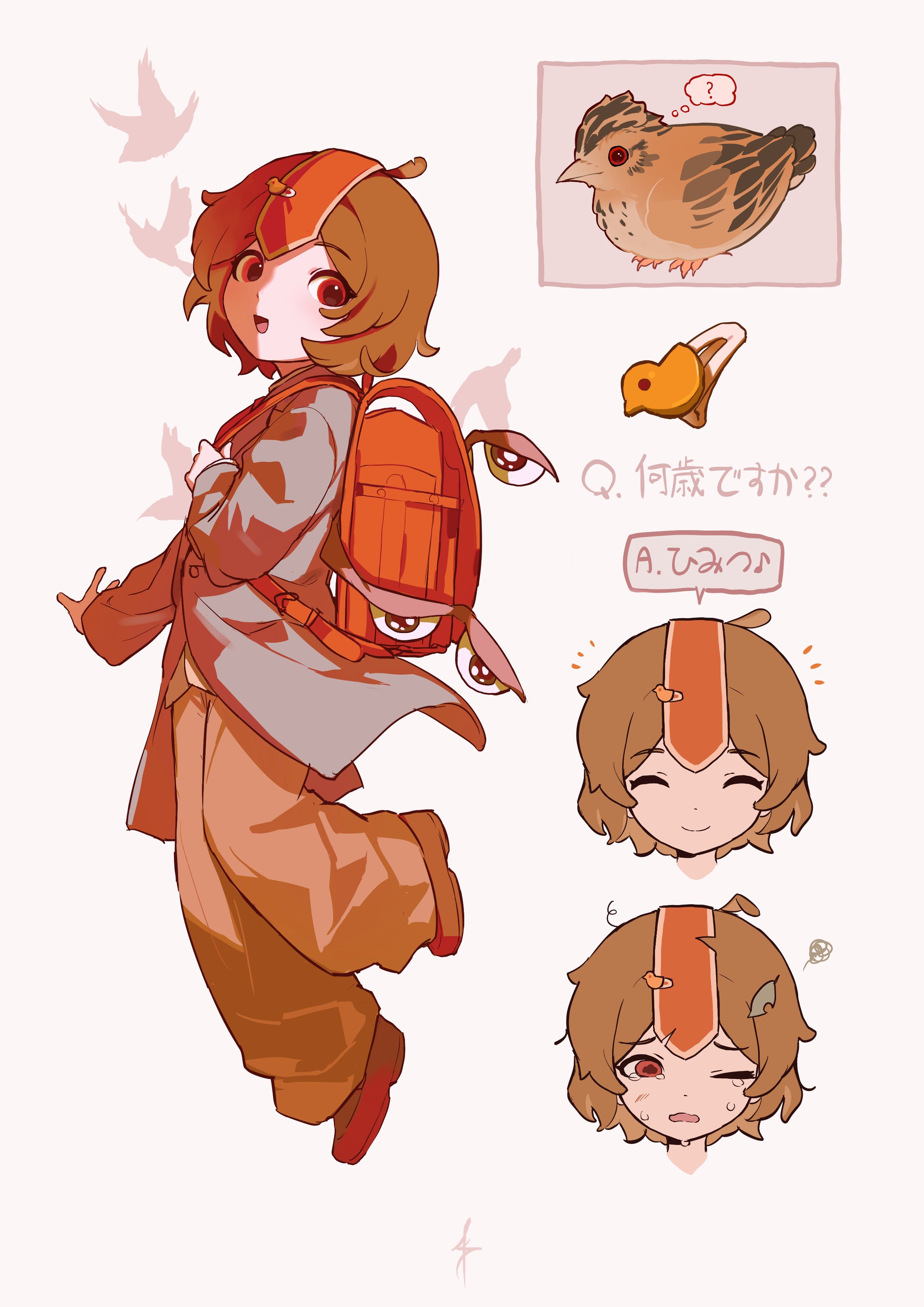 1other ? ^_^ absurdres aged_down autumn_leaves backpack bag bird blue_coat brown_hair brown_pants brown_shoes business_suit buttons chick_hair_ornament child closed_eyes closed_mouth coat commentary_request defeat eye_of_senri favnvs_(s910a_ib6) floating formal_clothes frown full_body hair_ornament hairclip happy headgear highres holding holding_bag kokutenshi_hibaru lark_bunting leaf len'en long_sleeves messy_hair multiple_views notice_lines one_eye_closed open_clothes open_coat open_mouth pants red_bag red_eyes reference_inset sad shirt shoes short_hair signature simple_background smile speech_bubble spoken_question_mark squiggle suit tearing_up thought_bubble translation_request white_background white_shirt wings