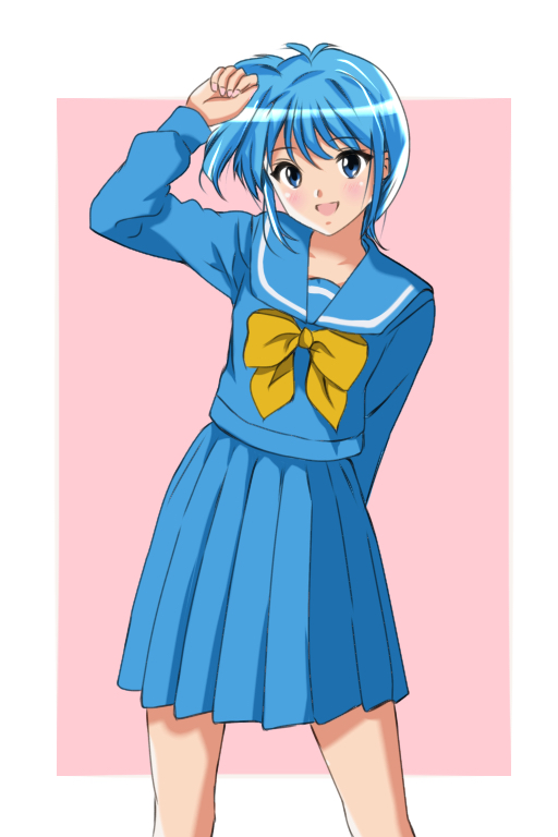 1girl :d arm_behind_back arm_up blue_eyes blue_hair blue_sailor_collar blue_serafuku blue_shirt blue_skirt border collarbone collared_shirt kirameki_high_school_uniform long_hair long_sleeves miniskirt neckerchief nijino_saki open_mouth outside_border pink_background pleated_skirt sailor_collar sailor_shirt school_uniform serafuku shirt side_ponytail skirt smile solo standing tetsuado tokimeki_memorial tokimeki_memorial_1 white_border yellow_neckerchief