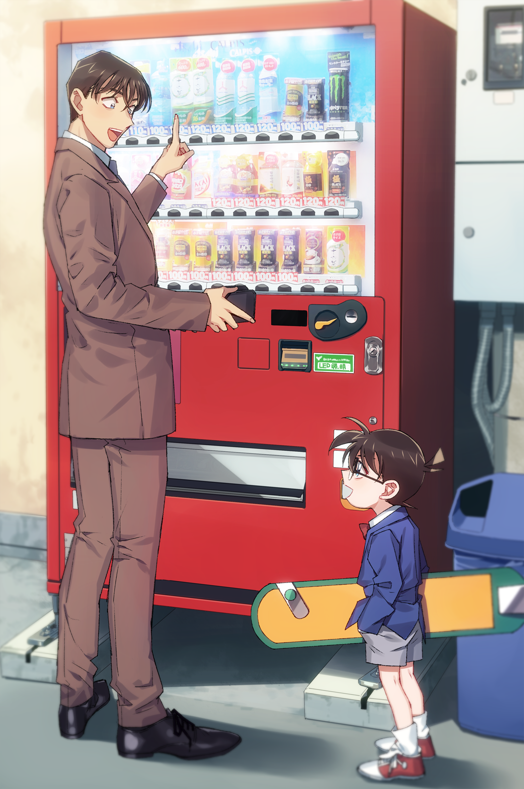 2boys :d black-framed_eyewear black_footwear blazer blouse blue_eyes blue_jacket blurry bottle bow bowtie brown_hair brown_jacket brown_pants brown_suit calpis can child collared_shirt commentary_request depth_of_field edogawa_conan energy_drink eye_contact formal_clothes full_body glasses grey_shorts hair_between_eyes hand_in_pocket height_difference highres holding holding_skateboard holding_wallet jacket k_(gear_labo) long_sleeves looking_at_another male_focus meitantei_conan monster_energy multiple_boys open_mouth pants pointing price_tag red_bow red_neckwear shadow shirt shoes short_hair shorts skateboard smile sneakers socks standing suit takagi_wataru_(meitantei_conan) trash_can vending_machine wallet water_bottle white_legwear white_shirt