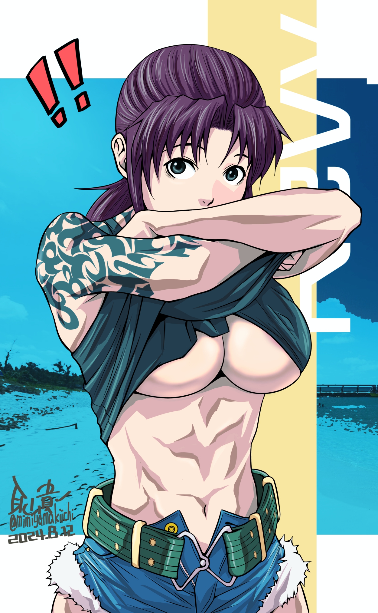 ! !! 1girl abs artist_name belt black_lagoon black_tank_top breasts brown_hair clothes_lift crop_top cutoffs denim denim_shorts fur-trimmed_shorts fur_trim grey_eyes highres large_breasts long_hair midriff mimiyama_kiichi muscular muscular_female navel ponytail revy_(black_lagoon) shirt_lift short_shorts shorts shoulder_tattoo tank_top tattoo tribal_tattoo undressing