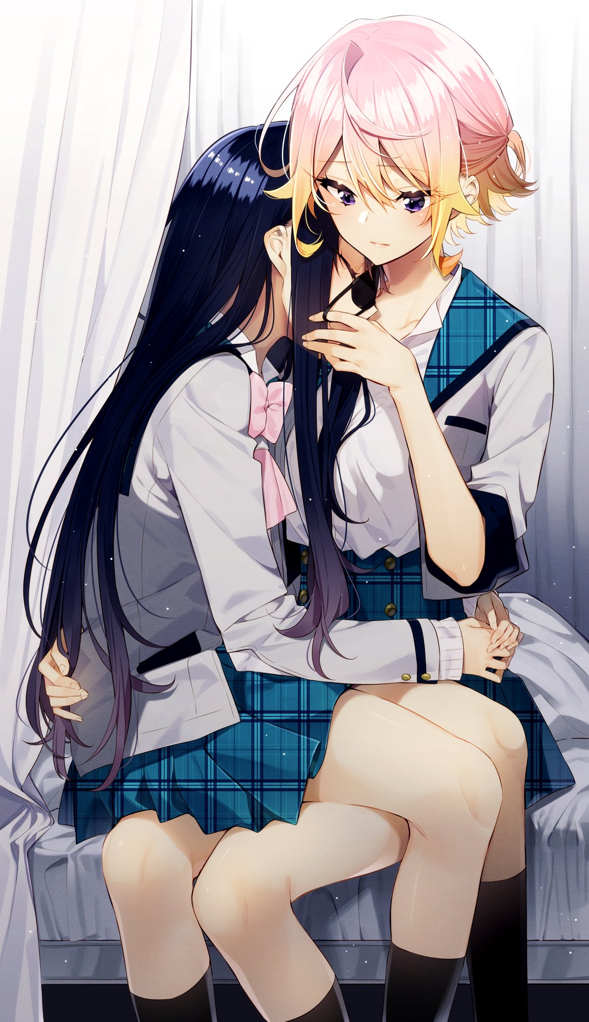 2girls anemone_wa_netsu_wo_obiru bed black_hair black_mask black_socks blazer bow closed_eyes highres hug indoors jacket komiyama_mashiro light_brown_hair long_hair multiple_girls ootsuki_nagisa pink_bow plaid_clothes plaid_skirt pleated_skirt purple_eyes removing_mask sakuragi_ren school_uniform short_hair sitting sitting_on_lap sitting_on_person skirt sleep_mask socks unmoving_pattern yuri