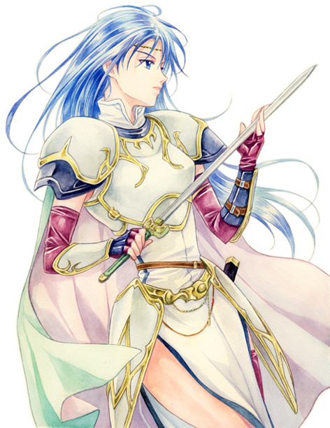 1girl agahari armor bad_id bad_pixiv_id blue_eyes blue_hair cape circlet cowboy_shot elbow_gloves female_focus fingerless_gloves fire_emblem fire_emblem:_the_blazing_blade gloves holding holding_sword holding_weapon isadora_(fire_emblem) knight lips long_hair matching_hair/eyes nintendo side_slit simple_background solo sword tabard weapon