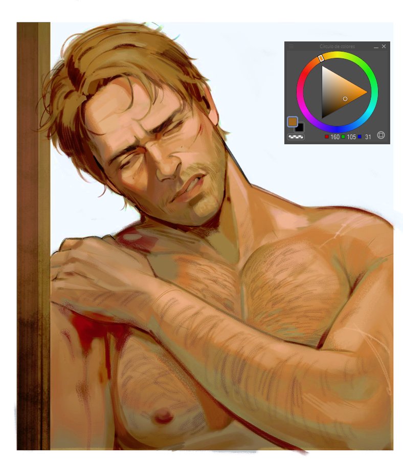 1boy arm_hair art_program_in_frame arthur_morgan bara beard_stubble blonde_hair blood blood_on_body blood_on_hands border brown_eyes chest_hair commentary english_commentary facial_hair hand_on_own_shoulder injury male_focus nic_(attckher) nipples nude one_eye_closed pectorals red_dead_redemption_(series) red_dead_redemption_2 scar scar_on_arm scar_on_shoulder solo stubble teeth white_border wince