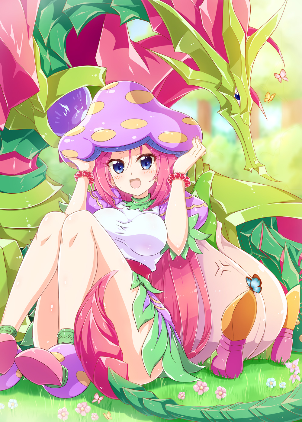 1girl blue_eyes breasts breath_of_fire breath_of_fire_ii bug butterfly dress flower full_body grass hat highres insect jewelry legs long_hair looking_at_viewer mushroom_girl open_mouth pink_hair skirt smile spar tail yakisoba_(kaz2113)
