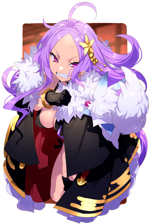 1girl ahoge bikini black_bikini black_cape black_gloves blush bracelet breasts cape cleavage clenched_teeth creature echo_(circa) fate/grand_order fate_(series) flower forehead fou_(fate) fur-trimmed_cape fur_trim gloves gold_trim hair_flower hair_ornament half_gloves jewelry large_breasts long_hair looking_at_viewer parted_bangs purple_eyes purple_hair sidelocks sweatdrop swimsuit teeth thighs very_long_hair wu_zetian_(fate) wu_zetian_(swimsuit_caster)_(fate) wu_zetian_(swimsuit_caster)_(third_ascension)_(fate)