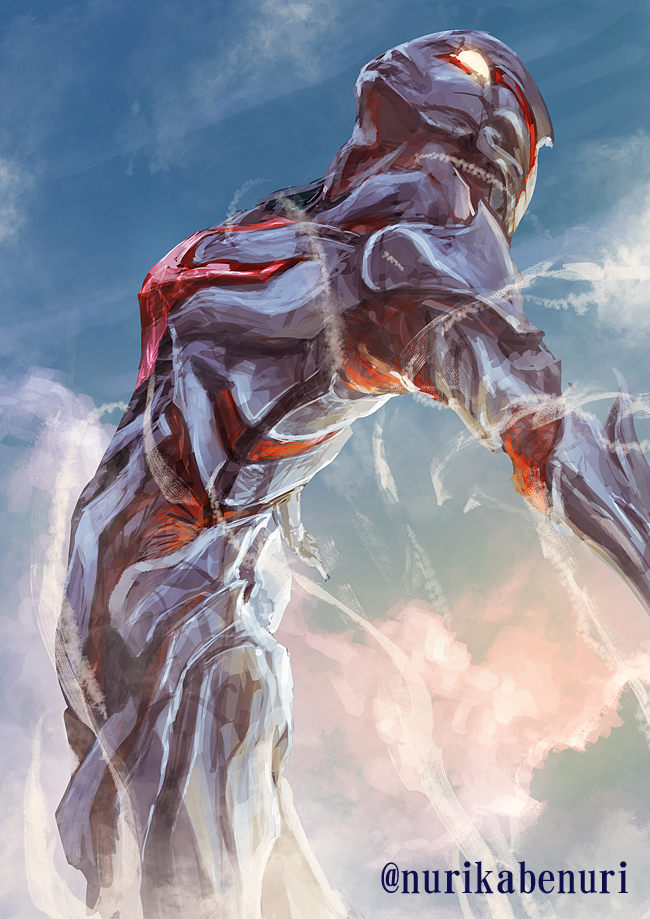 1boy alien armor blue_sky chest_jewel day giant glowing glowing_eyes looking_up no_humans no_pupils nurikabe_(mictlan-tecuhtli) seijin signature sky smoke steam superhero_costume tsuburaya_productions ultra_series ultraman:_the_next ultraman_the_next yellow_eyes