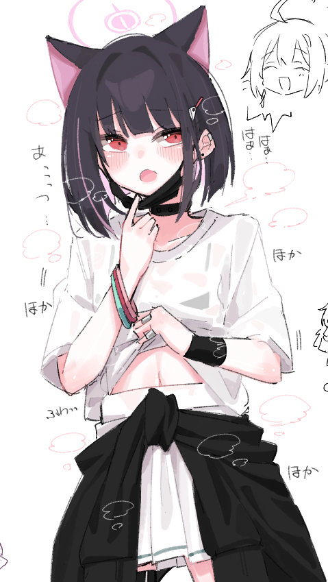 1girl animal_ears black_choker blue_archive blunt_bangs blush cat_ears cat_girl choker clothes_around_waist clothes_lift commentary_request cowboy_shot doodle_inset earrings extra_ears hair_ornament hairclip hands_up heavy_breathing hot jewelry kazusa_(band)_(blue_archive) kazusa_(blue_archive) lifting_own_clothes looking_at_viewer mask mask_pull motion_lines mouth_mask navel negu_(pixiv_6519140) open_mouth puff_of_air red_eyes shirt shirt_lift short_sleeves simple_background solo stud_earrings t-shirt white_background white_shirt