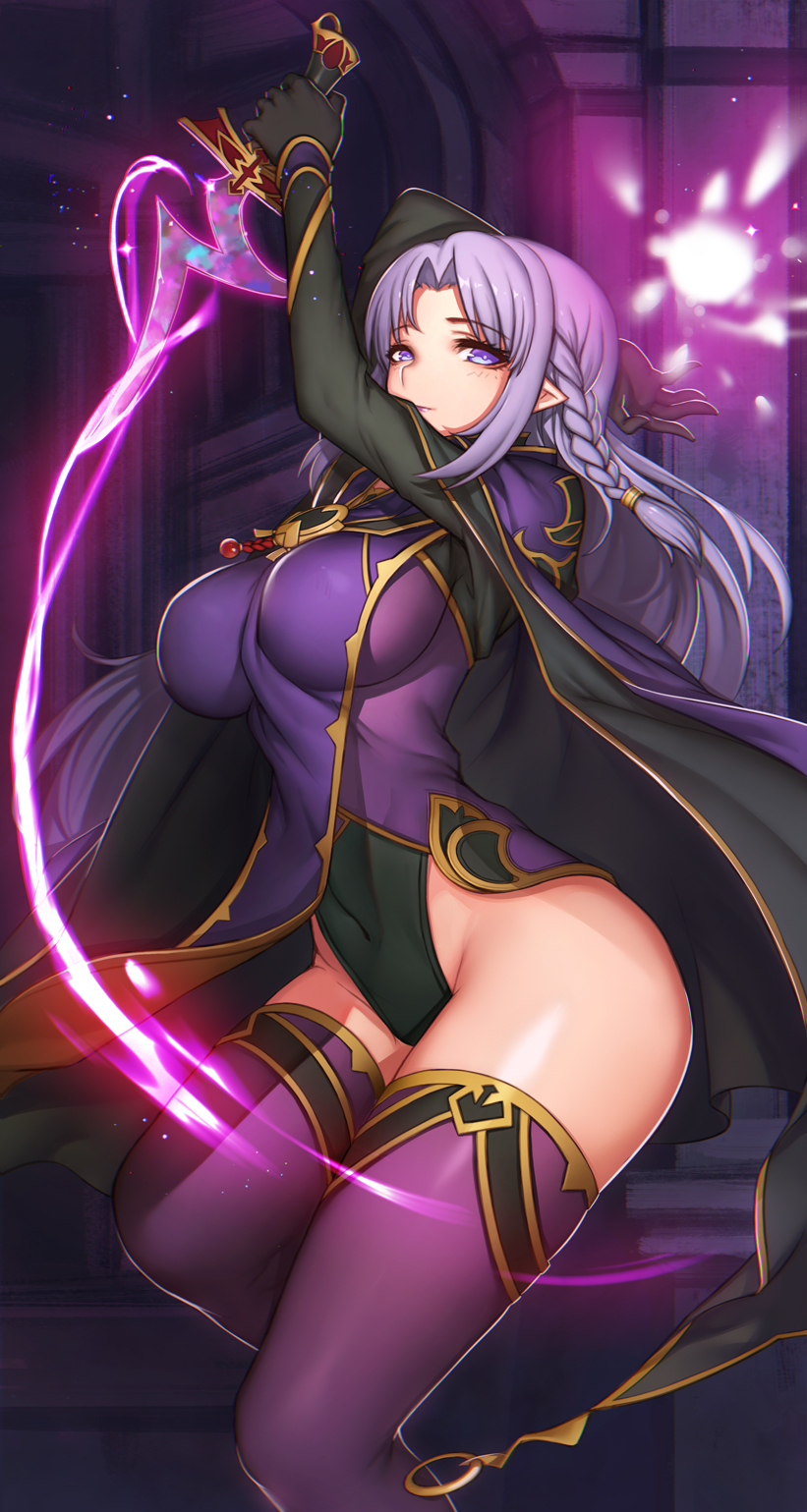 1girl blue_eyes braid breasts cape covered_erect_nipples covered_navel dagger evan_yang fate/stay_night fate_(series) female_focus highres hood hood_down knife large_breasts long_hair medea_(caster)_(fate) medea_(fate) pointy_ears purple_hair rulebreaker single_braid solo thighhighs weapon