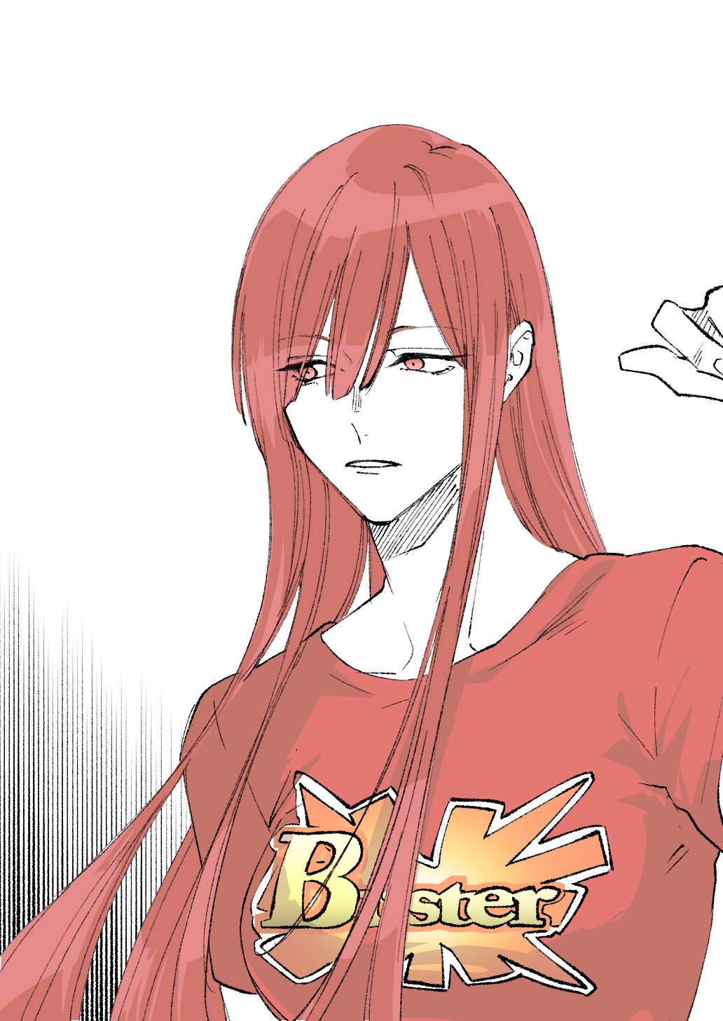 1girl buster_shirt collarbone fate/grand_order fate_(series) hair_between_eyes hand_up highres long_hair looking_to_the_side oda_nobunaga_(fate) oda_nobunaga_(maou_avenger)_(fate) parted_lips red_eyes red_hair red_shirt red_theme shirt simple_background solo t-shirt upper_body urup_zzz white_background