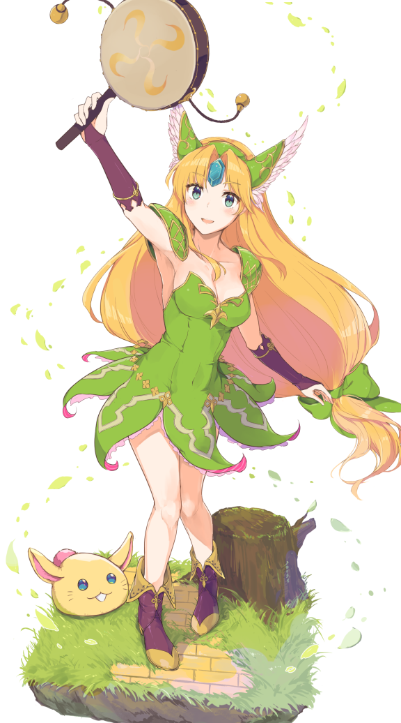 1girl arm_up armor armpits black_boots black_gloves blonde_hair blue_eyes boots bow breasts bridal_gauntlets cleavage commentary_request dress drum elbow_gloves forehead_jewel gloves grass green_bow green_dress green_headwear hair_bow helmet holding holding_instrument instrument long_hair looking_at_viewer low-tied_long_hair open_mouth parted_bangs partial_commentary pauldrons rabite_(seiken_densetsu) riesz seiken_densetsu seiken_densetsu_3 short_dress shoulder_armor smile solo standing strapless strapless_dress tree_stump very_long_hair winged_helmet yuuri_(orz_commushows)