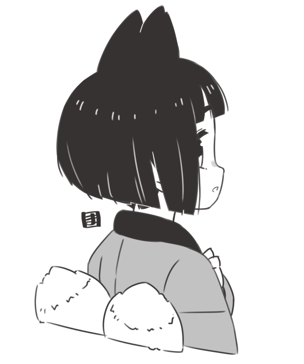 1girl animal_ears commentary_request cropped_torso fox_ears fox_girl fox_tail from_behind greyscale hand_up japanese_clothes kimono kitsune kukuri_(mawaru) mawaru_(mawaru) monochrome original short_hair simple_background solo tail thick_eyebrows upper_body white_background