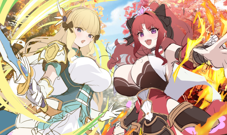 2girls akino_(princess_connect!) blonde_hair dress image_sample long_hair multiple_girls princess_connect! red_hair saren_(princess_connect!) twitter_sample xiujia_yihuizi