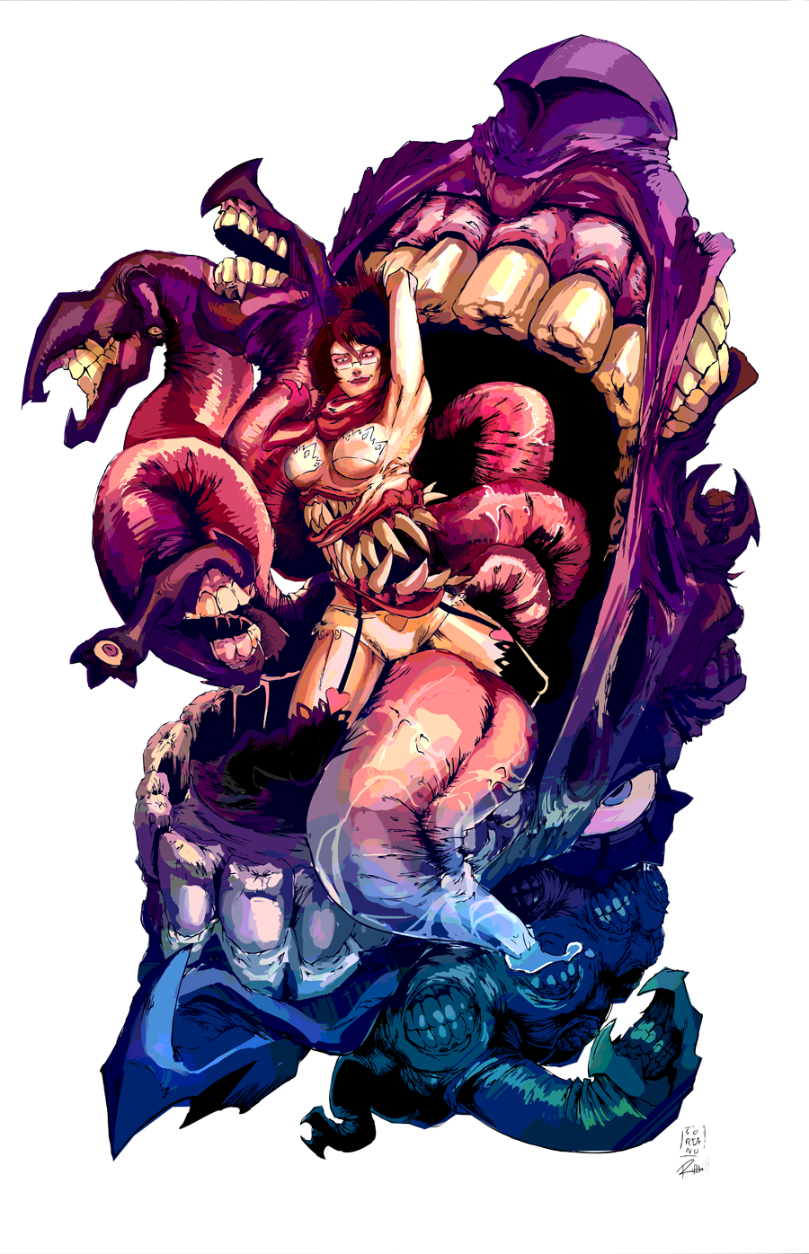 1girl bra breasts cleavage eldritch_abomination extra_mouth female_focus glasses highres lab_zero_games large_breasts lightning-seal lingerie looking_at_viewer panties pasties revealing_clothes scarf sideboob skullgirls smile solo tentacles tongue underboob underwear venus_(skullgirls)