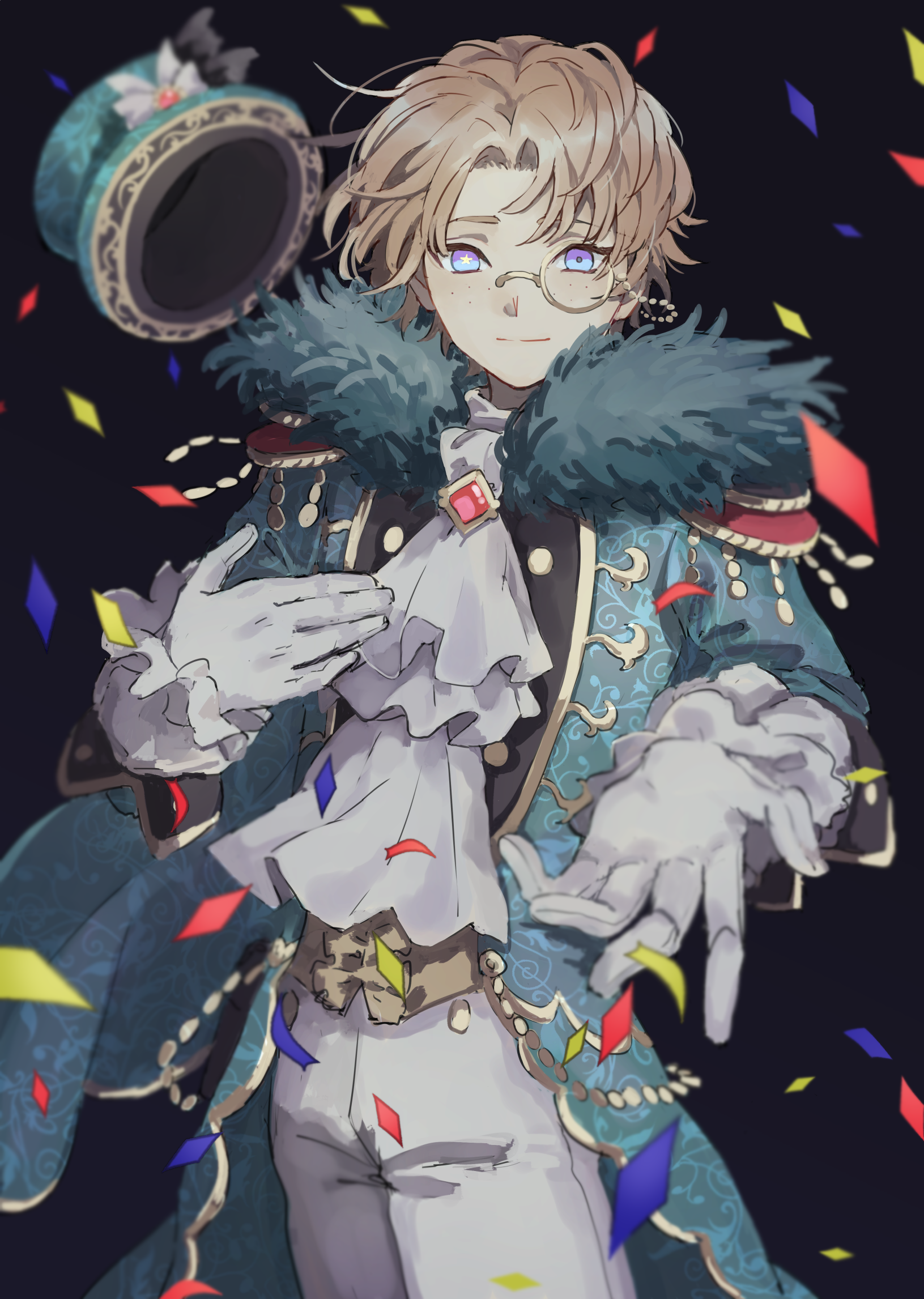 1boy ascot black_background blonde_hair blue_eyes blurry coat coattails confetti depth_of_field epaulettes freckles frilled_sleeves frills fur_trim gloves gumegume hand_on_own_chest hat unworn_hat unworn_headwear highres identity_v looking_at_viewer male_focus mike_morton monocle official_alternate_costume outstretched_arm short_hair simple_background smile solo star-shaped_pupils star_(symbol) star_in_eye symbol-shaped_pupils symbol_in_eye top_hat white_gloves