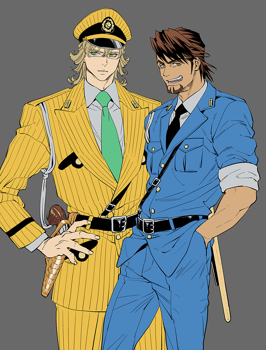 2boys barnaby_brooks_jr. belt belt_buckle black_belt black_necktie blonde_hair blue_jacket breast_pocket brown_eyes brown_hair buckle chest_belt collared_shirt commentary couple dark-skinned_male dark_skin facial_hair feet_out_of_frame formal_clothes glasses goatee green_eyes green_necktie grey_background gun hand_in_pocket hand_on_own_hip handgun hat highres holster holstered jacket kaburagi_t._kotetsu lapels layered_sleeves looking_to_the_side male_focus mamemo_(daifuku_mame) multiple_boys necktie open_mouth pants parted_lips pocket police_hat revolver rimless_eyewear shirt sideburns sideways_glance simple_background sleeves_rolled_up smile striped_clothes striped_jacket striped_pants striped_suit suit teeth thigh_holster tiger_&amp;_bunny vertical-striped_clothes vertical-striped_jacket vertical-striped_pants weapon white_shirt yellow_hat yellow_pants yellow_suit