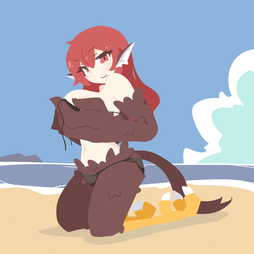 1girl animal_ears bare_shoulders beach big_o_pants bikini bird_ears bird_legs bird_tail black_bikini blush breasts brown_feathers feather_fingers feathers fio-chan_(big_o_pants) grabbing_own_breast hair_between_eyes harpy large_breasts long_hair looking_at_viewer monster_girl no_lineart original outdoors red_eyes red_hair smile solo swimsuit tail talons water winged_arms wings