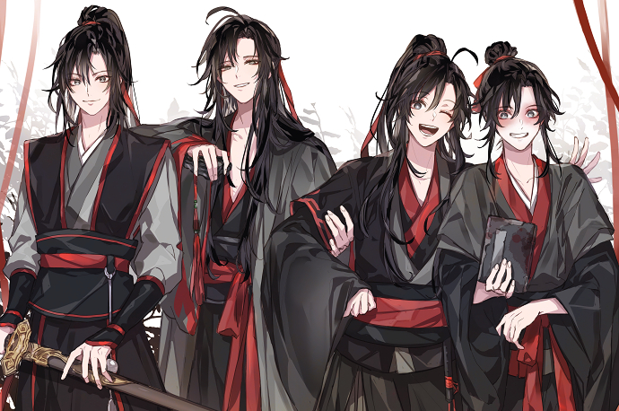 4boys ;d ahoge arm_on_another&#039;s_shoulder bishounen black_hair black_hanfu black_robe blush book chinese_clothes closed_mouth coat daenarys grey_coat grey_eyes grin hair_bun hair_down hair_ribbon half_updo hand_on_another&#039;s_shoulder hanfu high_ponytail holding holding_another&#039;s_arm holding_book holding_sword holding_weapon jian_(weapon) layered_sleeves long_hair long_sleeves looking_at_viewer makeup male_focus mo_xuanyu modao_zushi multiple_boys multiple_persona official_alternate_costume official_alternate_hairstyle one_eye_closed open_mouth parted_bangs parted_lips ponytail red_ribbon red_sash ribbon robe sash sheath sheathed sidelocks smile standing sword weapon wei_wuxian wei_wuxian_(yiling_laozu) white_background wide_sleeves yaopei